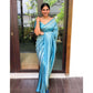 Generic Women's Litchi silk Printed Saree With Unstitched Blouse (Sky Blue)