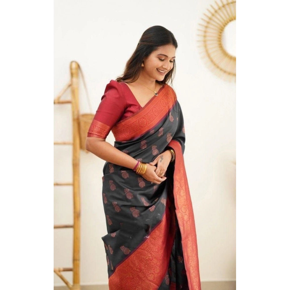 Generic Women's Litchi silk Printed Saree With Unstitched Blouse (Grey)