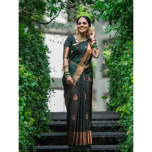 Generic Women's Litchi silk Printed Saree With Unstitched Blouse (Green)