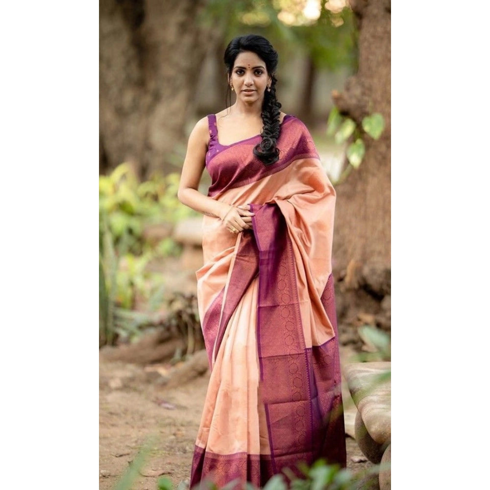 Generic Women's Litchi silk Printed Saree With Unstitched Blouse (Beige)