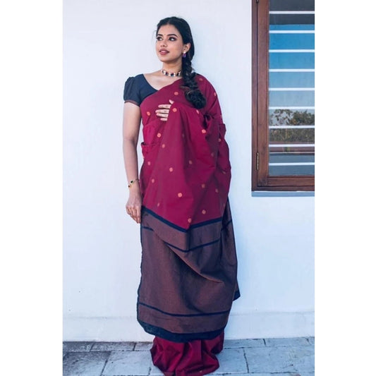 Generic Women's Litchi silk Printed Saree With Unstitched Blouse (Red)