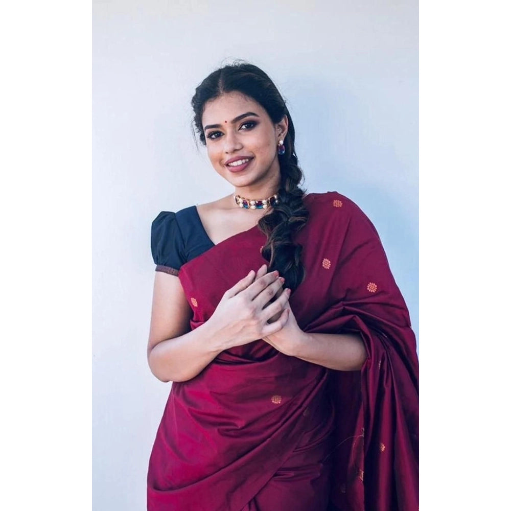 Generic Women's Litchi silk Printed Saree With Unstitched Blouse (Red)