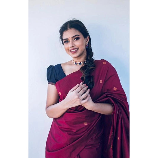 Generic Women's Litchi silk Printed Saree With Unstitched Blouse (Red)