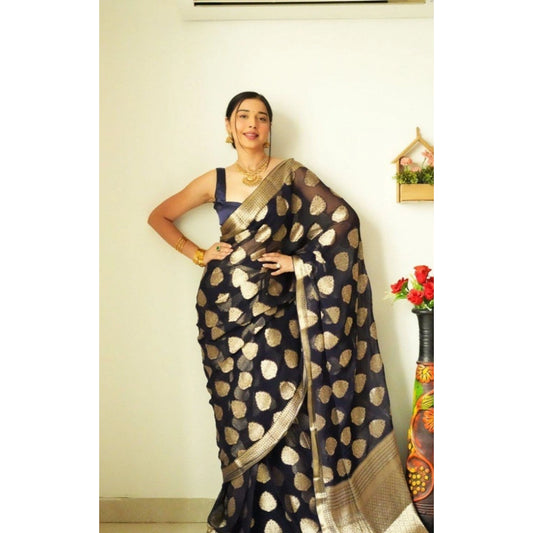 Generic Women's Litchi silk Printed Saree With Unstitched Blouse (Black)