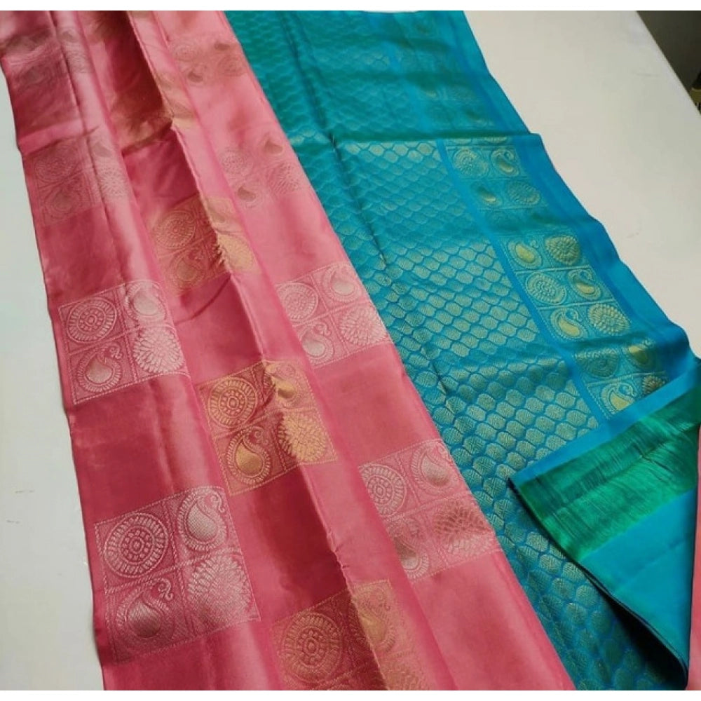 Generic Women's Litchi silk Printed Saree With Unstitched Blouse (Peach With Turquise Green)