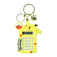 Metal key ring attached to calculator keychain with cute cartoon design and bell charm
