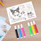 Six unique Kuromi-themed coloring sheets included in kids set