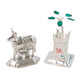 Silver-plated religious Kamdhenu cow and Tulsi plant duo set for mandir decoration