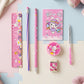 Kids study stationery kit featuring pen, sharpener, and fun character designs
