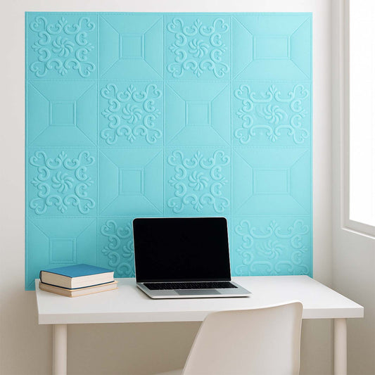 Single wallpaper sheet of 3D foam wall panel in cyan shade