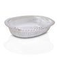 Close-up of a decorative oval silver tray with intricate royal patterns.