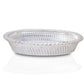 Elegant oval silver tray showcasing its royal embossed design.