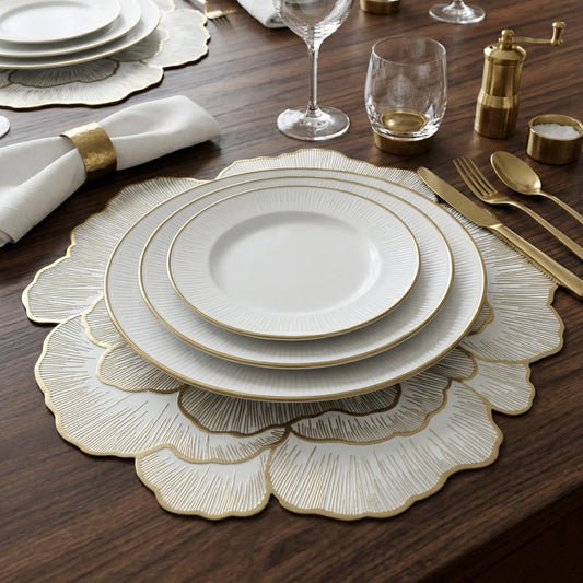 Dining table with floral PVC placemat, waterproof and stain-resistant