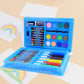 Open kids art set featuring watercolors, brush, and sketch pens with space-themed case