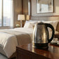 Close-up of fast boil electric kettle stainless steel body with safety auto shut-off