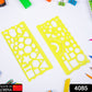 A clear plastic template ruler displaying various geometric shapes like circles and triangles.