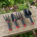 Complete garden hand tool set with soil scoop, trowel, and rake