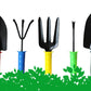 A complete 5-piece gardening hand tools set laid out with a hand cultivator, two trowels, a garden fork, and a hand weeder.