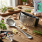 Heavy-duty garlic press tool with ergonomic curved handle and spoon set