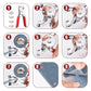 Full kit view of snap button plier set with pliers and assorted studs