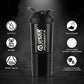 Angled view of gym protein shaker bottle with secure lid