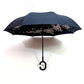 Durable windproof reverse umbrella with reinforced ribs, standing strong against elements.