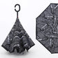 Vibrant printed canopy of the windproof reverse umbrella, showcasing its design.