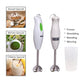 Side view of compact electric hand blender with stainless steel blade attachment