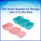 Organized kitchen shelf featuring the sky blue storage baskets.