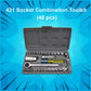 Detailed view of the reversible ratchet handle and various socket sizes from the tool kit.