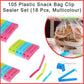 Eighteen reusable food storage clips in a bright, inviting display.