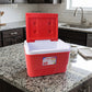 Travel-friendly 6L red insulated beverage cooler with side handles