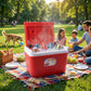 Portable outdoor ice storage cooler in red
