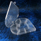 Closed heart-shaped storage box with clear plastic body and decorative bow lid
