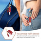 Open faux leather sanitizer holder keychain showing clear refillable bottle