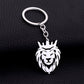 Durable stainless steel lion head keychain with crown design on a white background