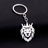 Durable stainless steel lion head keychain with crown design on a white background
