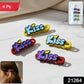 Pack of four Kiss text hair clips with packaging visible