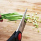 Five-piece kitchen knife set showing knives with serrated blades and ergonomic handles