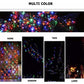 Close-up of vibrant multicolor LED bulbs on string fairy lights