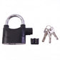 Side view of the metallic alarm padlock, highlighting its compact and durable design.