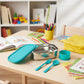 Components of stainless steel lunch box set including fork and spoon
