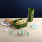Stylish purple leakproof lunch box with a transparent lid and a matching tumbler.