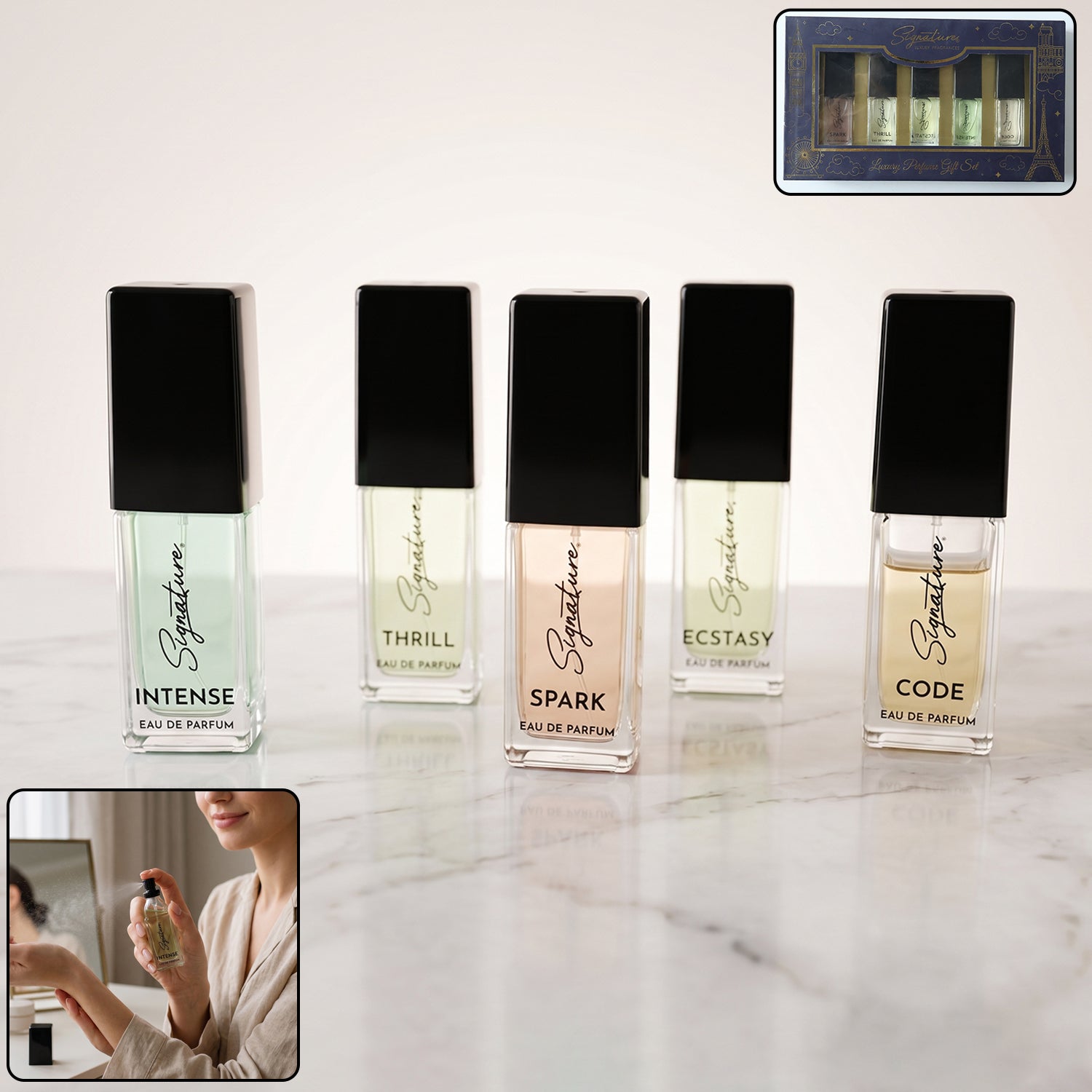 Luxury perfume gift set with 5 mini Eau de Parfum bottles, perfect for gifting and travel