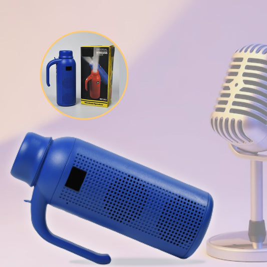 Portable Bluetooth speaker with an integrated LED torch light shown in a dark setting.
