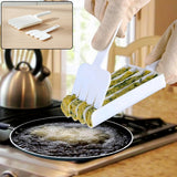 Food slicing press tool shown in use for making uniform snack slices