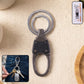 Close-up of durable metal key holder featuring dual rings and rotating swivel