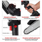 Close-up of mini electric chainsaw showing ergonomic grip and safety guard