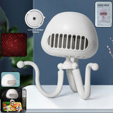 Handheld mini fan with LED star projector showing summer cooling effect