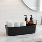 Side view of black plastic storage basket tray
